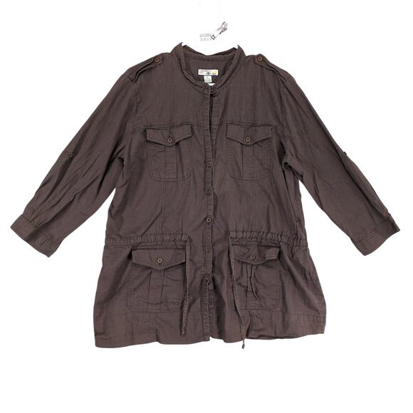 Caribbean Joe Women's XL Button Up Tunic Shirt, Brown Safari Cargo 3/4 Sleeve - Picture 1 of 6